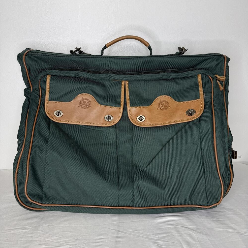 Eddie Bauer Garment Bag Green Nylon Leather Trim Travel Suit Carrier Luggage